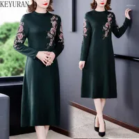 Casual Dresses 2023 Autumn Winter Floral Embroidered Base Knitted Dress Women's Loose Over-the-knee Wool Sweater Ladies Elegant Vestidos