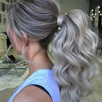 Wavy gray pony tail hairpiece wraps around ponytail drawstring cip in human hair long short high curly weave custom made women girl style fashion stunning