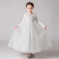 Ethnic Clothing Winter Flower Girl Dresses Lace Applique Embroidered Girls Pageant Birthday Evening Long Maxi Prom Party Ball Gown Dress