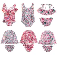 Two-Pieces Kids Swimwear Suits Baby Swimming Girls Swimsuit Bathing Child Clothes Summer Vintage Pastoral Floral Ruffle Hawaii E22018
