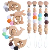 Pacifier Holders Baby Clips Chain Infant Wood Toy Teether Turtle Silicone Set E2724