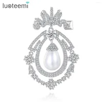 Brooches LUOTEEMI Fashion Oval Shape Luxury Brooch For Women Gift Simulated Pear Pearl Pin CZ Crystal Bridal Wedding Dress Pins