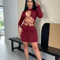 Casual Dresses Sexy Hollow Out Bandage Drawstring Bodycon Mini Dress Women Long Sleeve Ruched Solid Color 2023 Spring Fall