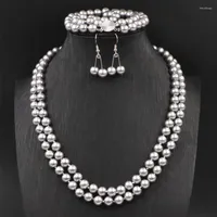 Necklace Earrings Set Elegant Silver Color Glass Pearl Bracelet Jewelry For Women 8mm Round Simulated Pearls Beads Sets A626