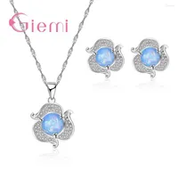 Necklace Earrings Set GIEMI Romantic Pink Light Blue Flower Shape Jewelry 925 Pure Silver Pendant Opal Stone Brincos For Women