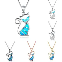 Pendant Necklaces Classic Small Cat White Blue Opal For Women Animal Jewelry Vintage Black Rose Gold Silver Color Chain NecklacePendant