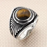 Cluster Rings Dished Oval Brown Tiger Eye Mini Stone Silver Ring Men With Symmetric Motif Made In Turkey Solid 925 Sterling