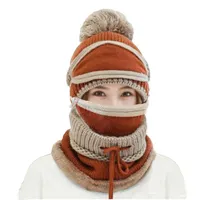 Hats Scarves Gloves Sets & 3Pcs Winter Women Thicken Warm Knitted Pompom Beanie Hat Cap Scarf Face Mask Set For Girls