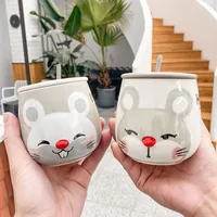 Mugs Creative Cartoon Mouse Ceramic Coffee Mug 400ml Embossed Face Water Milk With Lid And Spoon Children's Gift