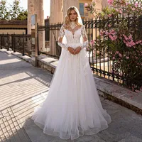 Wedding Dress Other Dresses Garden Long Sleeves Tulle Princess Lace Appliques V-Neck Illusion Backless With Buttton Bridal Gown Custom MadeO