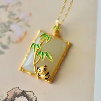 Pendant Necklaces Cute Panda Necklace Square Aritificial Stone Enamel Bamboo Leaf Vintage Jewelry For Women Wedding Charm Birthday GiftsPend