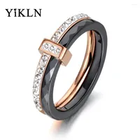 Wedding Rings YiKLN 2 Layers Black White Ceramic Crystal Jewelry For Women Girls Rose Gold Stainless Steel Engagement YR18054