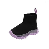 Boots Girls 2023 Autumn Flashing Light Knitted Soft Sole Boys Non-slip Breathable Flying Kids Fashion Short