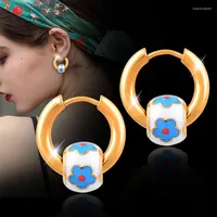 Hoop Earrings LEEKER 316L Stainless Steel Gold Color For Women White Blue Flower Ear Jewelry Accessories Gift Girlfriend LK3