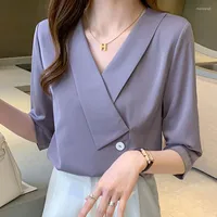 Women's Blouses Korean V-neck Shirt Female Chiffon Tops And Blouse Blusas Mujer De Moda 2023 Verano Elegant White Purple Skew Collar Solid