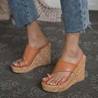 Slippers Soft Leather Clip Toe Wedges Women Slides Shoes High Heels Wood Flip Flops 43 Big Size Platform Gladiator Sandals