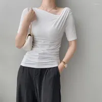 Women's T Shirts Fashion Skew Collar Folds Women Tops Basic Cotton Short Sleeve Slim Elastic T-shirt Ladies Elegant Summer Tee Shirt