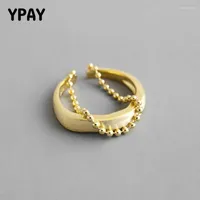 Cluster Rings YPAY Real 925 Sterling Silver Matte Surface Small Round Beads Gold Chain Tassel Open Women Fine Jewelry Gifts YMR929