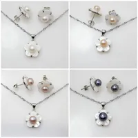 Necklace Earrings Set 4 Styles Natural White pink purple black Pearl & White Shell Flower Earring Pendant Chain