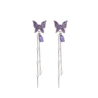 Dangle Chandelier Fashion Shiny Butterfly Rhinestone Drop Earrings Women Elegant Long Pearl Tassel Chain Pendant Party Jewelry For Otyxb