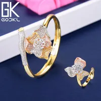 Necklace Earrings Set GODKI Trendy Luxury Flower Cubic Zircon Crystal CZ Engagement Bangle Ring Sets For Women Wedding Bride DUBAI Bridal