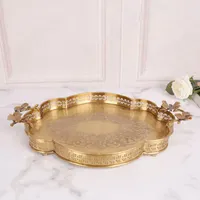 Kitchen Storage Petal Branch Copper Trays Decorative European Vintage Brass Carved Hollow Coffee Table Tray Home Living Room Desktop Cake
