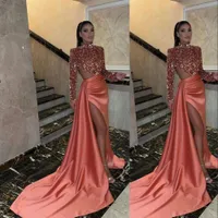 2023 Sequined Split Side Prom Evening Dresses Orange Sexy High Neck Backless Hollow Out Blingbling Sequins Long Sleeves Formal Occasion Party Gowns