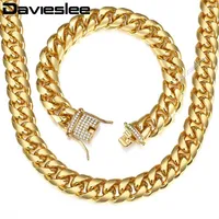 Necklace Earrings Set Davieslee Jewelry For Men Gold Miami Curb Cuban Link Chain Bracelet Sets Iced Out CZ Hip Hop Male Gifts 14mm LGS284