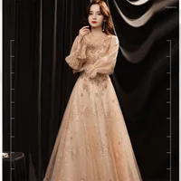 Ethnic Clothing Women's Fashion 2023 Elegant Sexy Long Sleeve Beading Tulle Evening Dress Exquisite Sequins A-line Prom Party