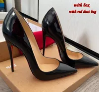 Więc Kate pompuje kobiety wysokie buty buty na wysokie obcasy czerwone lśniące dno 8 cm 10 cm 12 cm spiczasty palce czerwony podeszwa nagi czarny patent skórzane buty ślubne damskie z pudełkiem i torbą na kurz 34-44