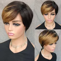Lace Wigs 150% Short Bob Human Highlight Virgin Hair Pixie Cut Straight Cheap Natural Remy Indian 230106