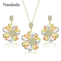 Necklace Earrings Set Nandudu Elegant Flower Pendant For Women 3 Tones Cubic Zirconia Matte Accessories Gift