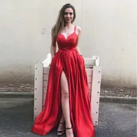 Party Dresses Plus Size Evening Dress With High Slit Prom Satin Red Blue Spaghetti Straps Sweetheart Sexy Vestidos De Fiesta Noche Abiye
