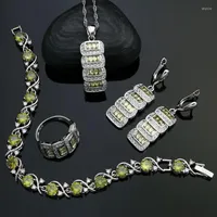 Necklace Earrings Set 925 Silver Vintage For Women Olive Green Cubic Zirconia White Crystal Earrings Pendant Necklace Ring Bracelet