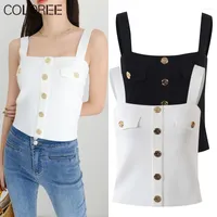 Women's Tanks Luxury Designer Summer Clothes For Women 2023 Casual Gold Buttons Knitted Tops White Black Tank Top Femme