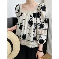 Women's Blouses Lace Cut-out Patchwork Square Collar Floral Doll Shirt Women's Summer Sweet Loose Chic