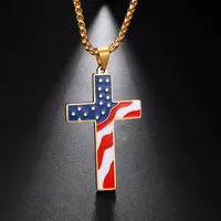 Pendant Necklaces My Shape American USA Flag Baseball Cross Necklace Men Stainless Steel Chain Enamel Jesus Religion Jewelry Amulet GiftPend