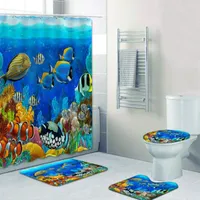 Bath Mats Printed Shower Curtain Floor Mat Bathroom 4-piece Set With Toilet Seat Cushion Ocean Underwater World Fish 3D Digital Style