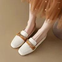 Dress Shoes 2023 Spring Women Pumps Natural Leather 22-24.5cm Length Cowhide Pigskin Full Square Toe Belt Buckle Loafers