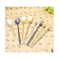 Dinnerware Sets Rose Gold Stainless Steel Fork Scoop Set Mirror Polished Sharp Main Colorf Long Handle 6Pcs Set Drop Delivery Home G Dhyil