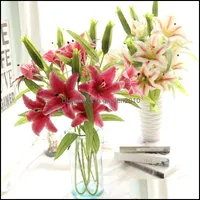 Dekoratif Çiçek Çelenkleri Yeni Çiçek Yapay Zambaklar Buket 3 Kafa Düğün Çiçek Ev Dekoru Gerçek Touch Drop Teslimat Bahçesi Oto6y