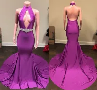 2023 Purple Mermaid Prom Dresses Halter Elastic Satin Plunging V Custom Made Crystals Beaded Ruched Evening Party Gowns vestidos Formal Occasion Wear Plus Size