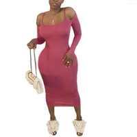 Casual Dresses Summer 2023 Women Sexy Long Sleeve Off The Shoulder Solid Strapless Mid-calf Bodycon Dress
