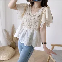 Women's Blouses Summer Cotton Line Shirt Women Short Sleeve Sexy Hollow Out Crochet Tops Elegant Female Korean Style Kniited Blusa Mujer