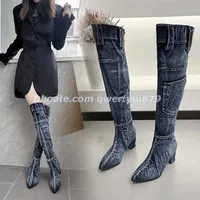 QWERTYUI879 Seksowne Jean Boots Women Kneehigh But Zipper 6 cm wysoki pięt Kobieta Stylowe dżinsy buty damskie dżinsowe buty butów kowboj 012823H
