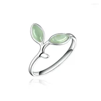 Cluster Rings 925 Silver Bud Green Leaf Cat Eye Ring Open Women's Jewelry