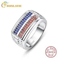 Band Rings Men Women Silver Ring 1X1mm Blue Red Crystal Stone Pave Setting Wide Finger Fashion Jewelry Wedding Party