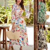 Casual Dresses Shirt Dress Three Quarter Sleeves Midi Colorful Floral Print Waist Belt