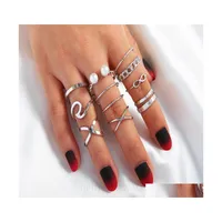 Cluster Rings 10 Pcs Set Bohemian Womens Fashion Pearl Ring Cross Simple Digital Geometric Eight Knuckle 2021 Women Jewelry Drop Deli Dhi2T