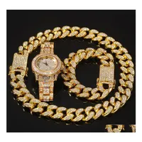 Other Bracelets Fashion Necklace Bracelet Watch For Women 20Mm Width Cuban Chains Link Bling Rhinestone Necklaces Men Hip Hop Jewelr Dhuso